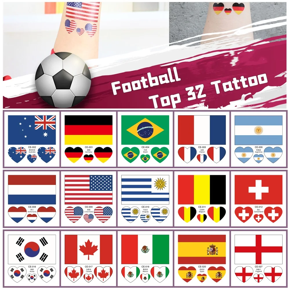 

10Pcs/Set Football Top 32 Temporary Tattoo National Flag Sticker Disposable Women Men World Game Activities Makeup Waterproof