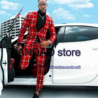 checkered 2 piece red men suits modern formal customized fit one button lapel party jacket wedding tuxedo vlazerpant