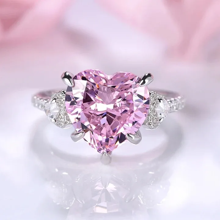 

Silver Heart High Toner Ring Diamond Ring Set with Pink Diamond Women's Ring