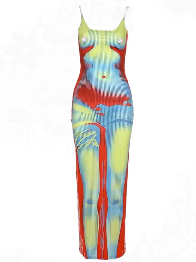 

Sexy 3D Body Print Strap Dress Millennium Spicy Girl Slim Fit Open Back Long Dress