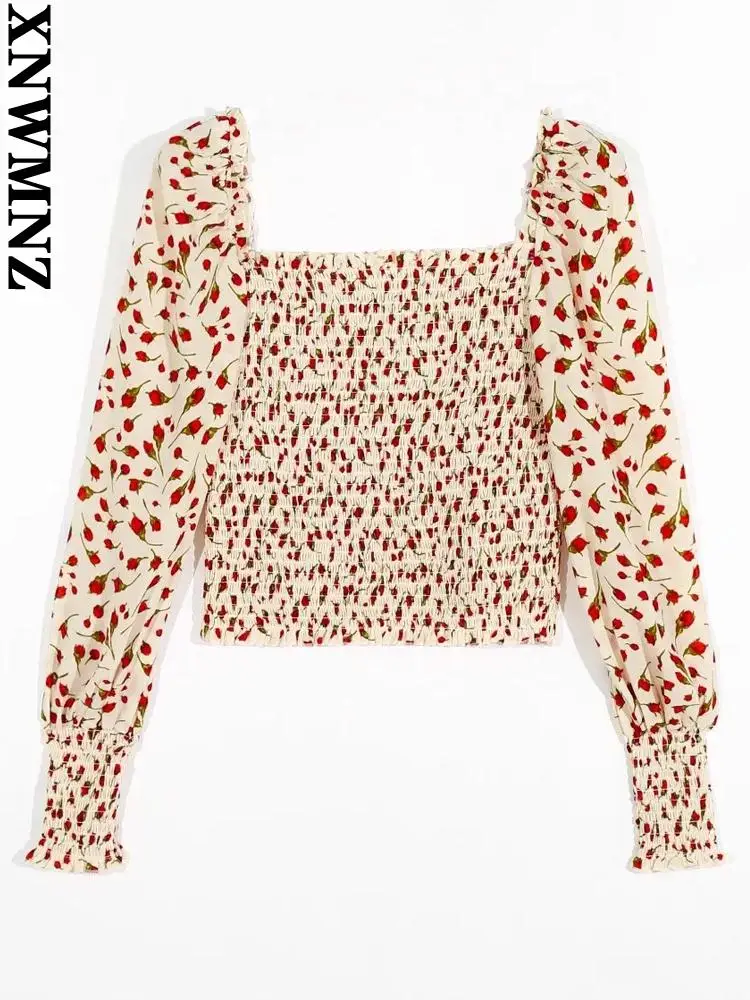 

XNWMNZ blusa mujer Women fashion floral print smocked elastic crop blouses vintage square collar puff sleeves female chic tops