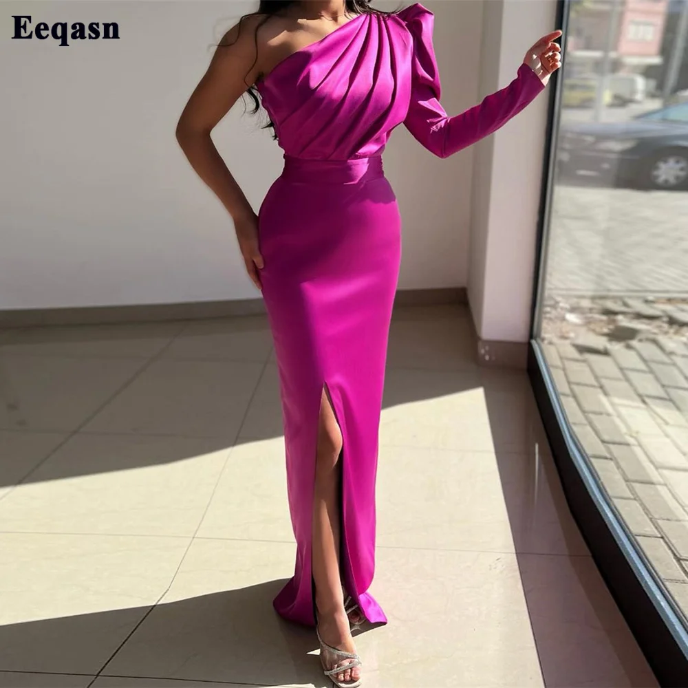 

Eeqasn Mermaid Fuchsia Evening Dresses One Shoulder Long Sleeves Slit Side Formal Women Party Gowns Bodycon Bridesmaid Dress