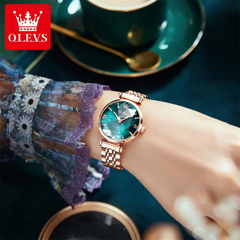 OLEVS Ladies Clock Luxury Green Women Watches Fashion Rhombus Glass Female Quartz Watch Relogio Feminino Zegarek Damski