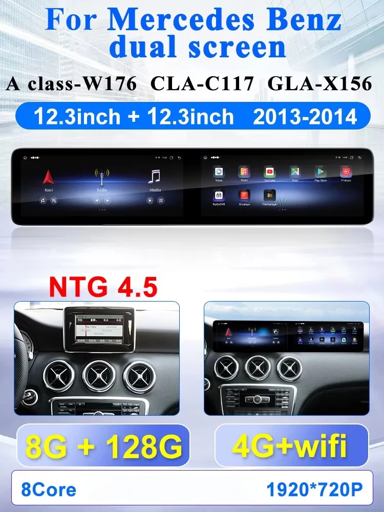 

Android 13, двойной экран для Mercedes Benz CLA / GLA /A Class 2013-2018, автомобильный мультимедийный плеер для Carplay, навигация, автомобильная стереосистема Radi