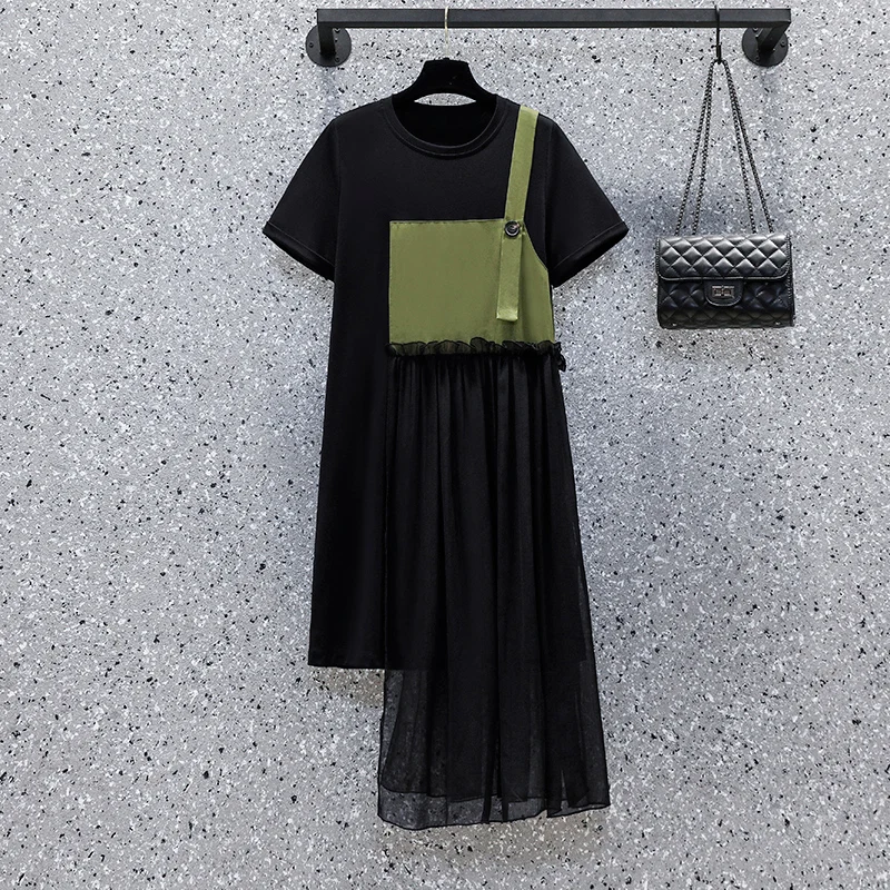 

Женское шифоновое асимметричное платье в стиле пэчворк, Черное длинное Сетчатое платье с коротким рукавом и круглым вырезом, Размер 4XL, лето...