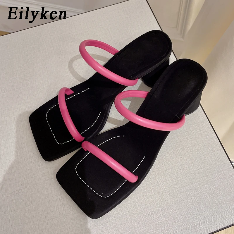 

Eilyken New Narrow Band Serpentin Women Slippers Fashion Hollow Square Toe Strange High Heels Ladies Mule Slide Shoes