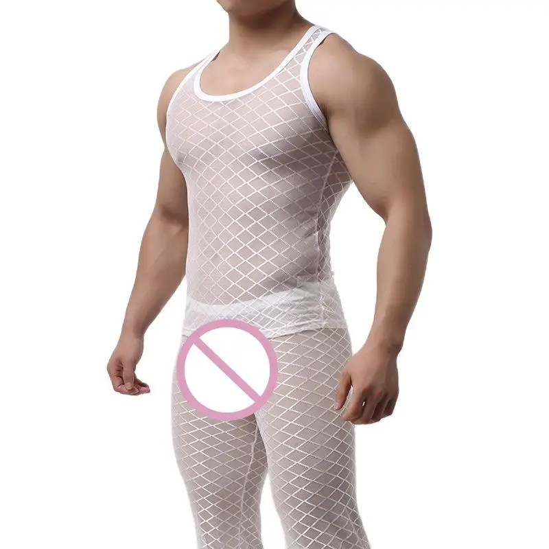 CLEVER-MENMODE Fishnet Pajamas Sets Men Sexy Tranparent Tank Tops Pants Trousers Mesh Vest Bottoms Sleepwear Nightwear