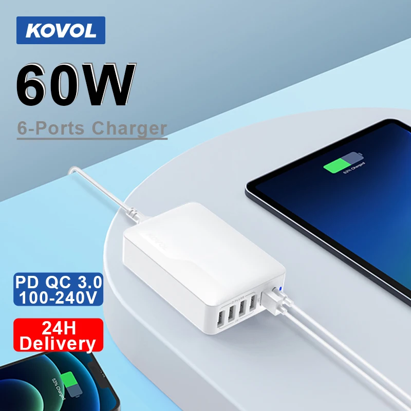 

KOVOL 60W Mobile Phone Chargers Desk QC/PD 3.0 USB A USB C Adapter for iPhone Charger Type C for Samsung Xiaomi 6 Ports Charger