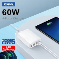 kovol 60w mobile phone chargers desk qcpd 3 0 usb a usb c adapter for iphone charger type c for samsung xiaomi 6 ports charger