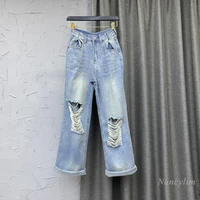 fashion high waist jeans long holes denim pants women 2022 summer new thin ripped wide legged trousers blue white