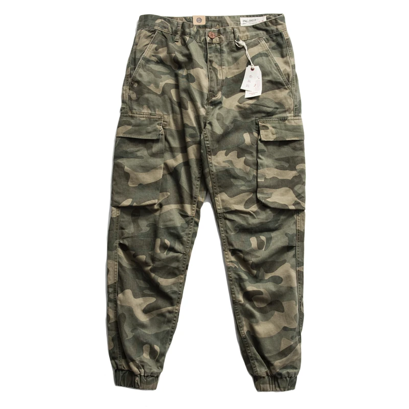 American Military Style Multi Pocket Camouflage Overalls Men's Casual Slim Fit Leggings Closure Cotton Washed Army Green Pants
