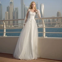 2022 elegant square neck long sleeves appliques lace top beach wedding dress for bride with tulle train lace up vestido de novia