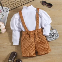baby girls outfit set autumn 2022 new childrens wear girls long sleeved knitted pit topstwo piece press strap shorts set