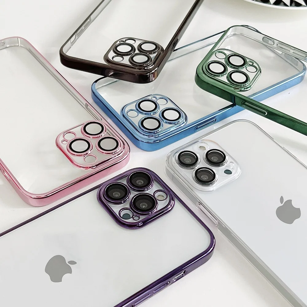 

Electroplating Ultra-thin Transparent Phone Case for iPhone 14 13 12 11 Pro Max 14Plus Soft Shockproof Lens Protection Cover
