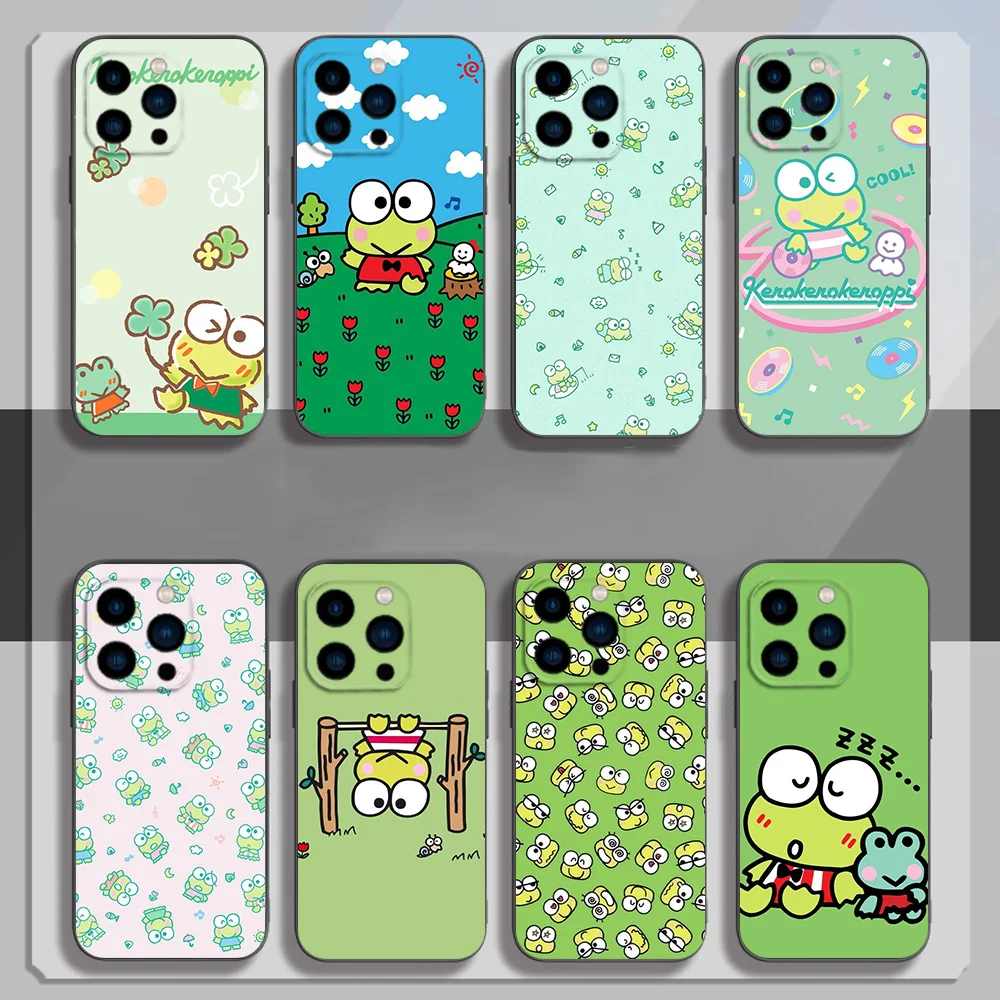 MINISO Cute KEROKEROKEROPPI Phone Case for iPhone 12 11 13 14 15 16 Max Pro Plus Black Soft Silicone Cover