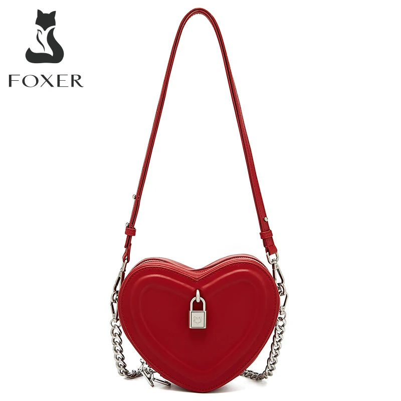 FOXER Women Split Leather Crossbody Bag Shoulder Bag Female Fashion Messenger Bags Simple  Ladies Brand Logo Lock Love Chain Bag