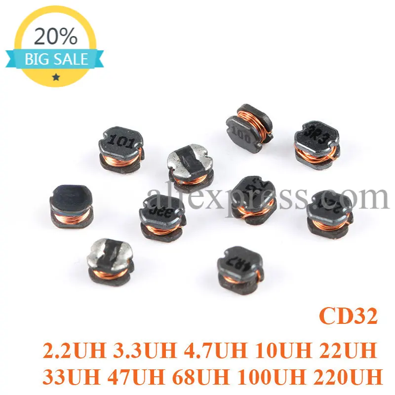 

20pcs CD32 SMD Patch Power Inductor 2.2 3.3 4.7 10 22 47 68 100 220UH Wire Wound Chip Power Inductance 100 101 220 221 470 680