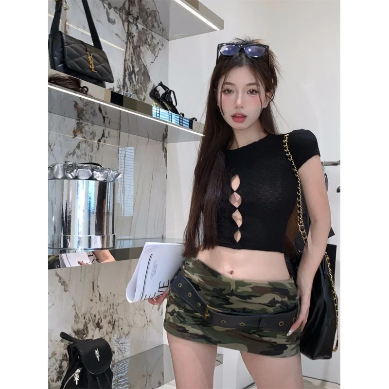 

Острые эротогенные девушки, вырезанные С коротким рукавом. Женская футболка 2023, однотонный утягивающий дизайн, короткий топ z1910