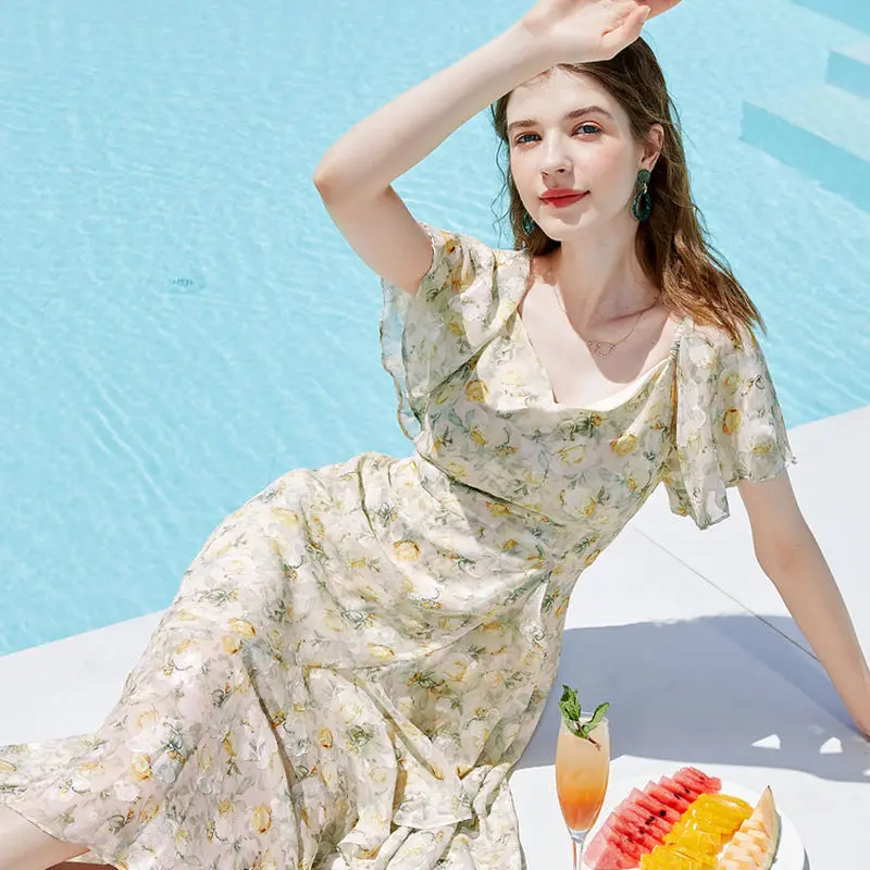 

Женское шифоновое платье средней длины, элегантное платье с цветочным принтом и V-образным вырезом, лето 2022