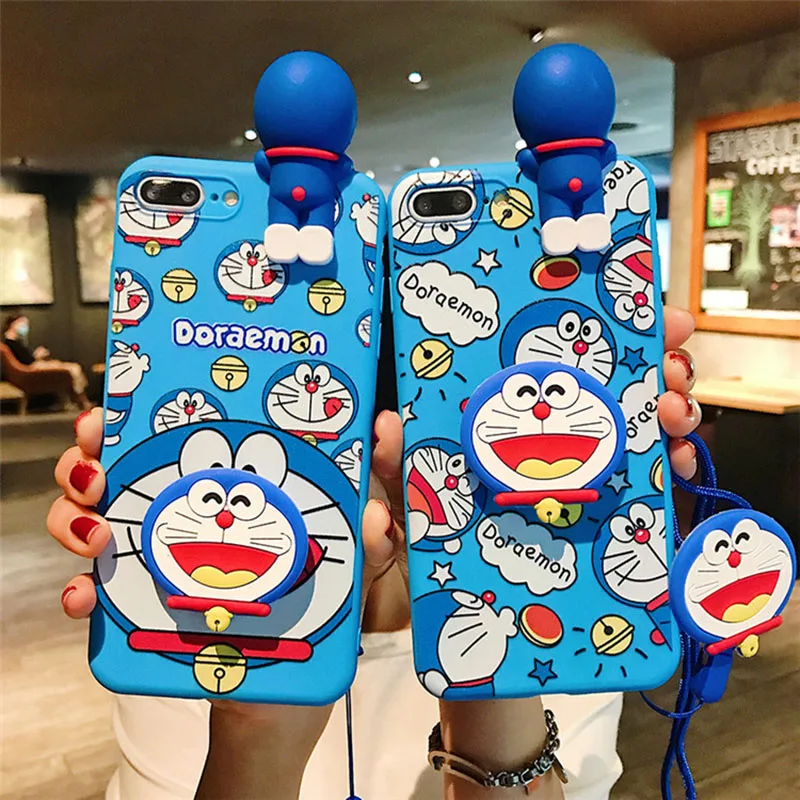 

BANDAI Soft Silicone Cute Cartoon Blue Doraemon Phone Case for IPhone 11/12 Pro Max 7/8 Plus Xr/Xs Max with Stand Holder