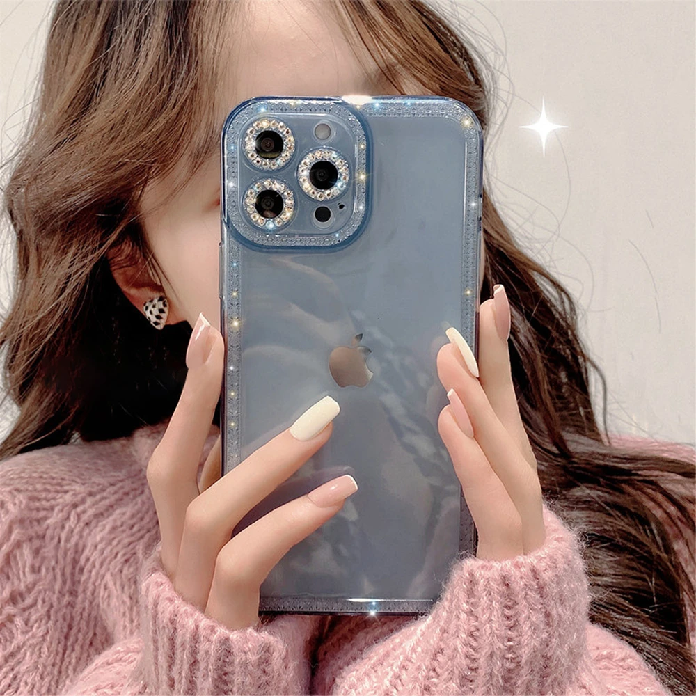 Luxury Rhinestones Camera Transparent Phone Cover For iPhone 13 Pro Max 11 12 XS X XR 7 8Plus Soft Silicone Glitter Case |