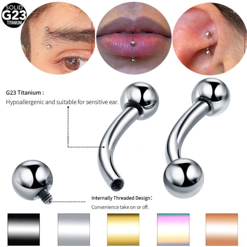 1PC Titanium Curved Barbells Internal Thread Eyebrow Piercing Banana 14G 16G Black Ear Cartilage Tragus Pircing Lip Rings
