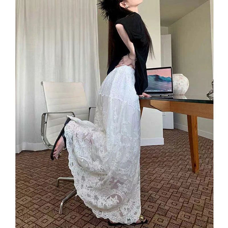 Винтажная Женская кружевная длинная юбка-зонтик богемная юбка макси с высокой