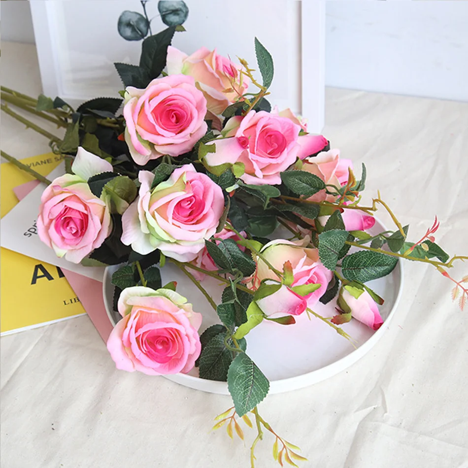 

Искусственная Роза, 3 головки, искусственная бархатная роза, красный цветок, День Святого Валентина, искусственный цветок для украшения дома и свадьбы, 87 см