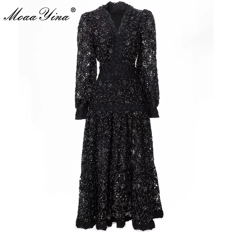 MoaaYina Fashion Designer dress Spring Women Dress V-Neck Lantern Sleeve Appliques Black Vintage Party Dresses
