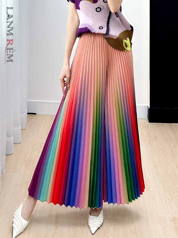 

LANMREM Gradient Printing Pleated Wide Leg Pants Elastic High Waist Loose Contrast Color Trousers Fashion 2023 New 2AA1539