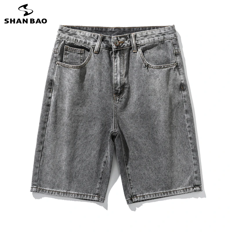 

SHAN BAO 2022 Summer Brand Men's Straight Loose Shorts High Quality 100% Cotton Youth Casual Simple Grey Jeans Denim Shorts