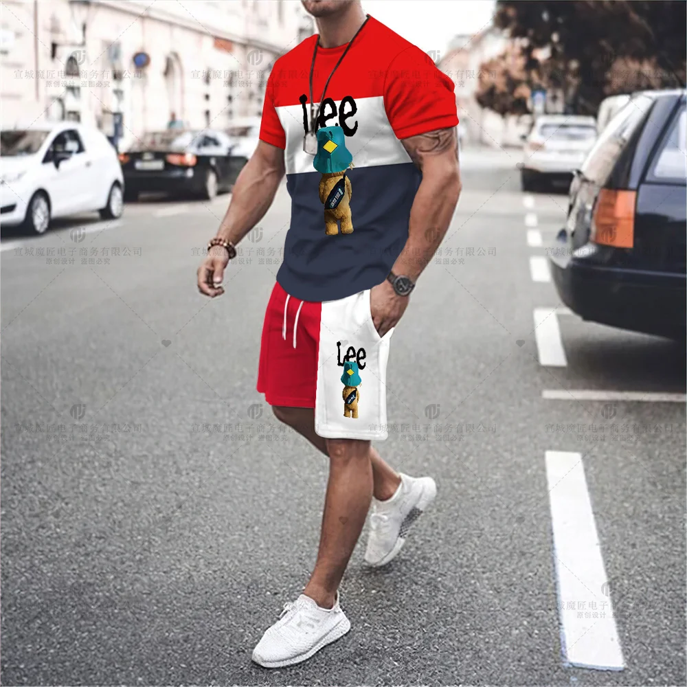 Summer 2023 Luxury Brand Men's T-shirt Shorts Oversized Short-Sleeved Cartoon Bear Print Casual Loose Top Shorts Two-Piece Set