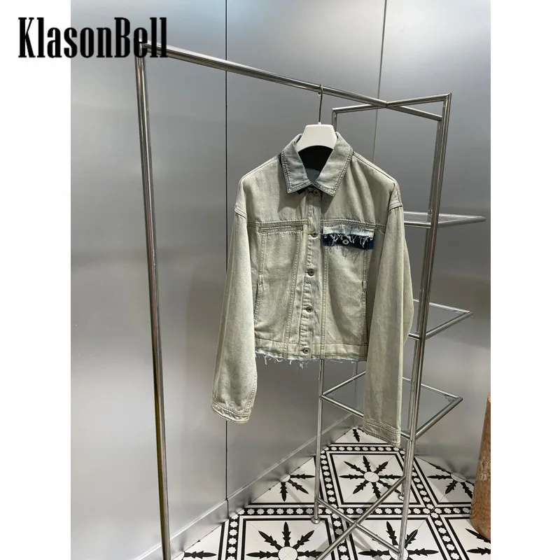 

9,9 KlasonBell осенне-зимняя новая Потертая джинсовая куртка с вышивкой и надписью, короткая женская куртка