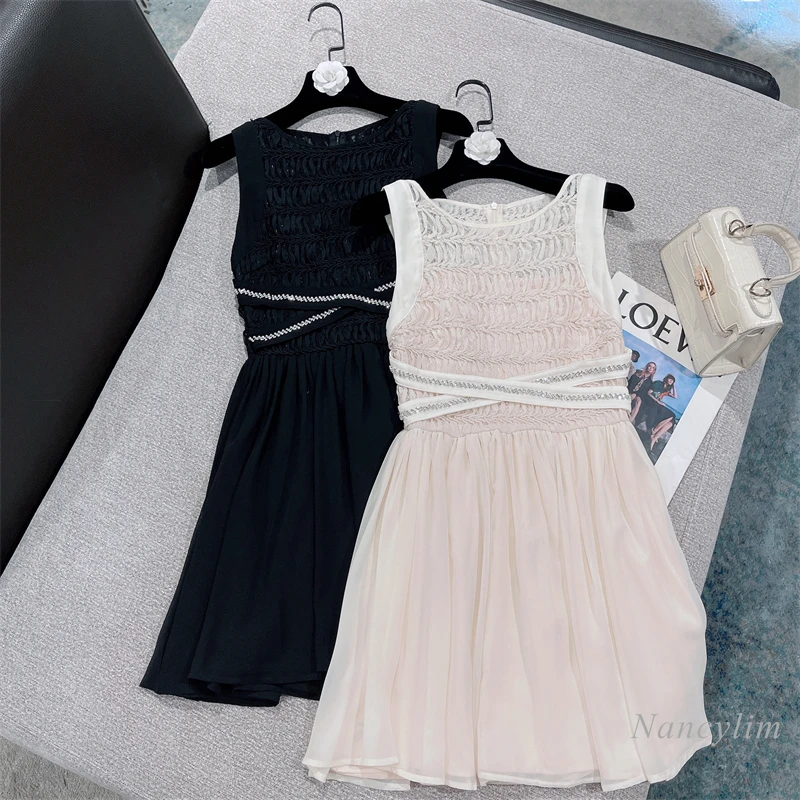 

2022 Early Autumn Style Temperament Socialite Sleeveless Pleated Mesh Lace Rhinestone Belt Chiffon Dress for Women