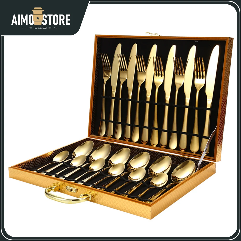 

[Top] 24 шт./компл. набор золотых столовых приборов ложка/вилка/нож деревянная коробка для столовых приборов позолоченный роскошный набор запа...