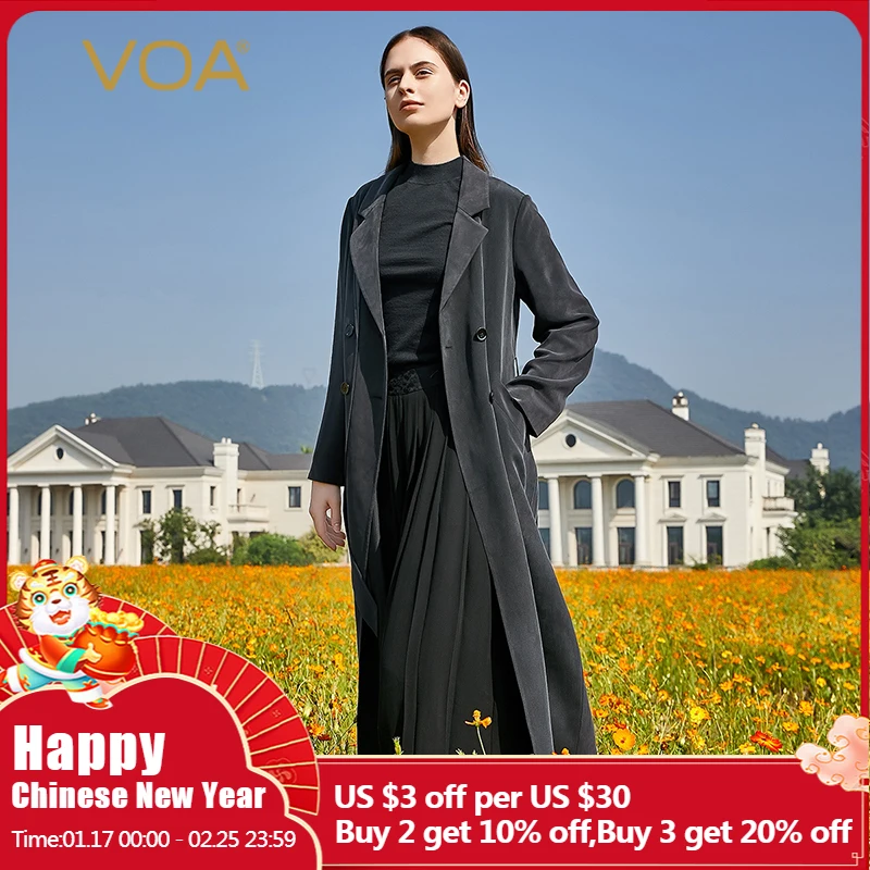 

VOA 30 момме шелк тяжелый вес Черный Асимметричный костюм с вышивкой лацкане двухрядные кнопки для зрелых женщин Талия ветровка FE120