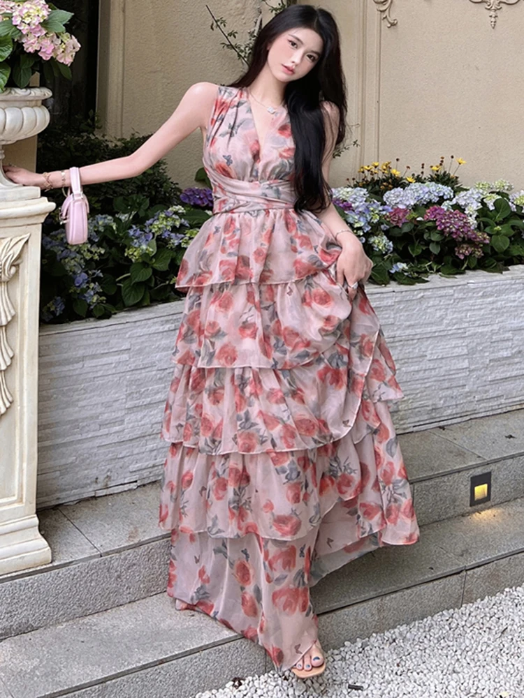 

Women Summer Sexy Dress Elegant Beach Style Print Sleeveless Cross Backless Ruffles Midi Party Dresses 2023 New Fashion Vestidos