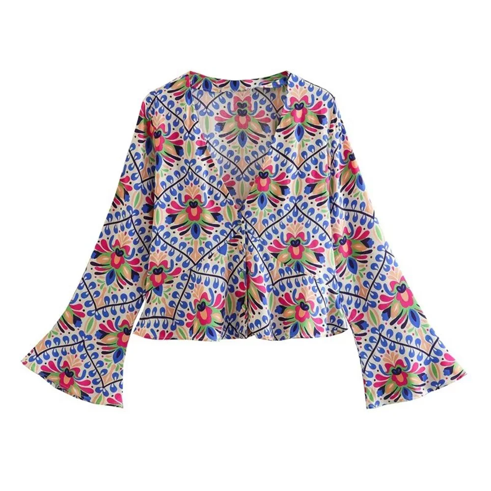 

Женская универсальная блузка BM & MD & ZA, рубашка с короткой талией, V-образным вырезом и длинными рукавами-колокольчиками и принтом, модель 2023, 3095212