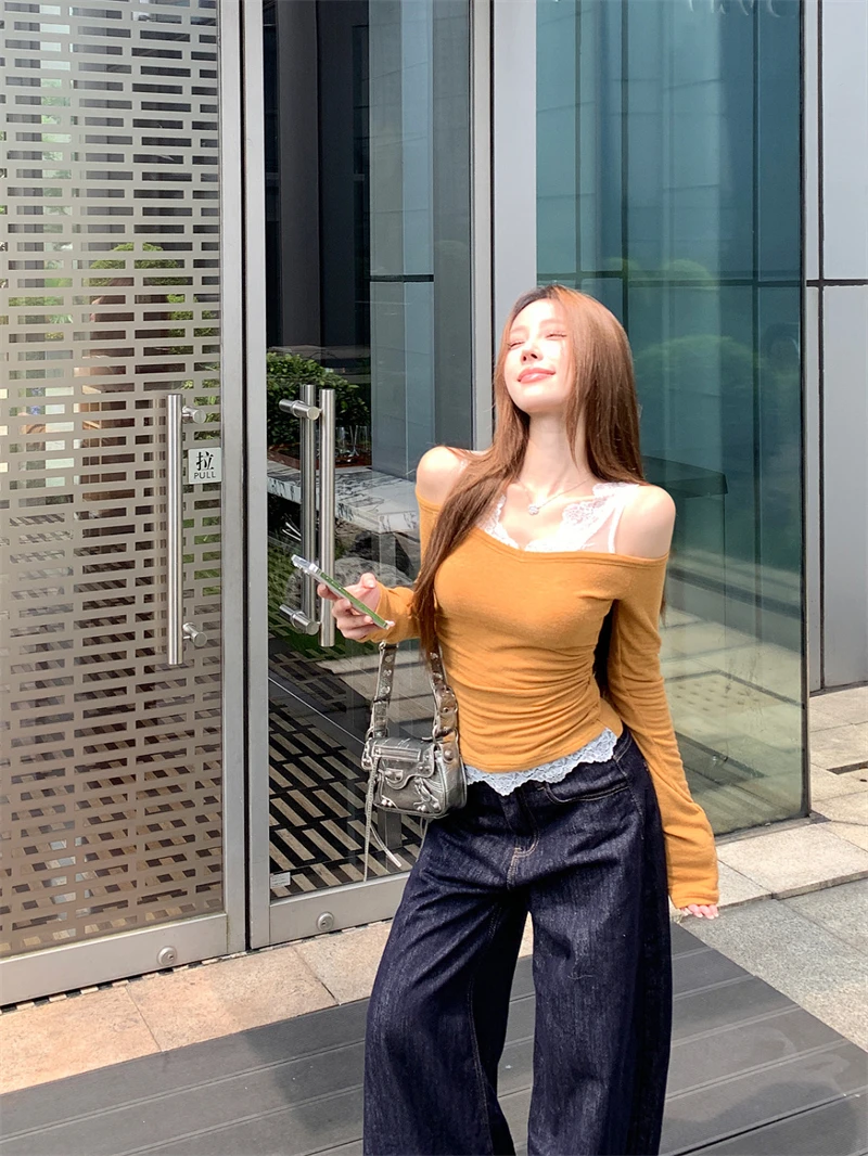 Милая горячая девушка кружевная лоскутная облегающая футболка женская осенняя