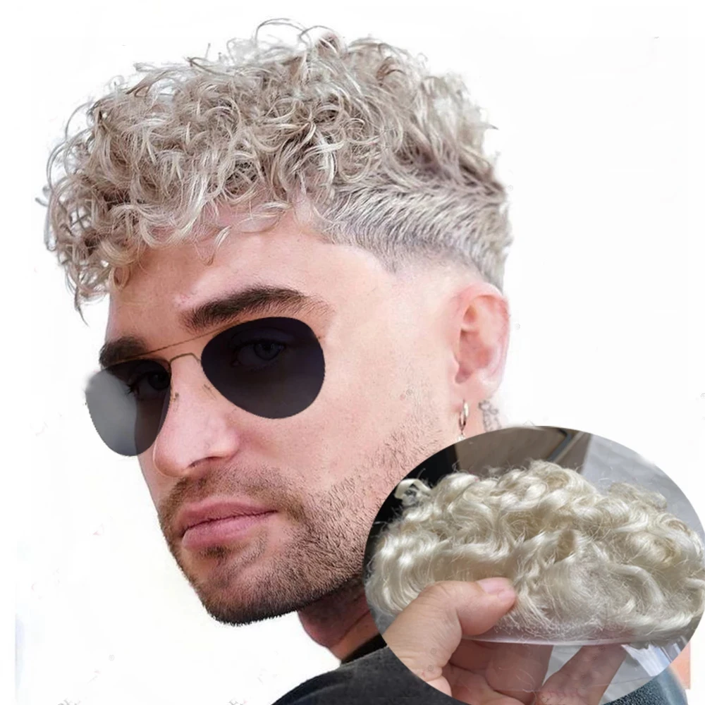 

Platinum Blonde 20mm Curly Natural Hairline Toupee Super Durable Thin Skin System For Men 100% Human Hair V Loop Microskin Wig