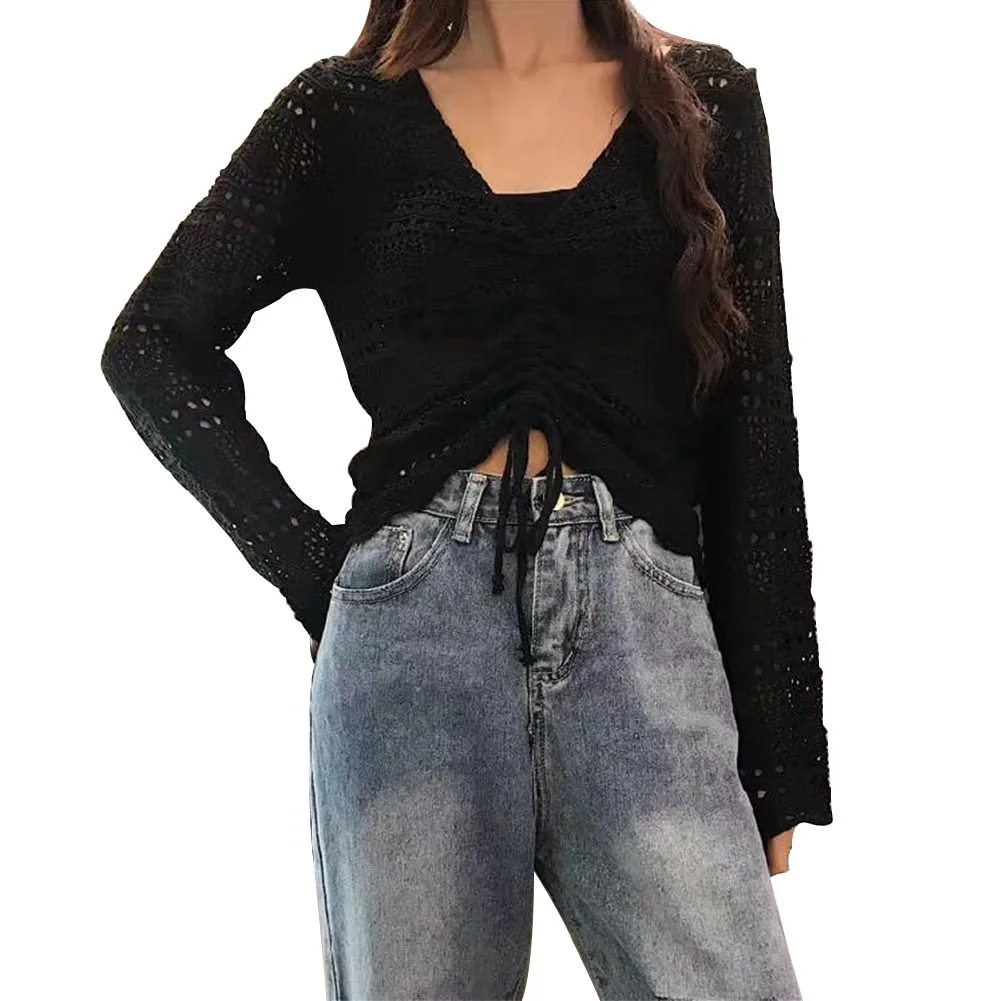 

Женский трикотажный свитер с длинным рукавом и V-образным вырезом