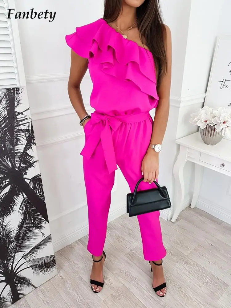 

Women Elegant Solid Pencil Pant Romper 2022 Summer Fashion Double Ruffle Jumpsuit Ladies Sexy Off Shoulder Overalls Playsuits