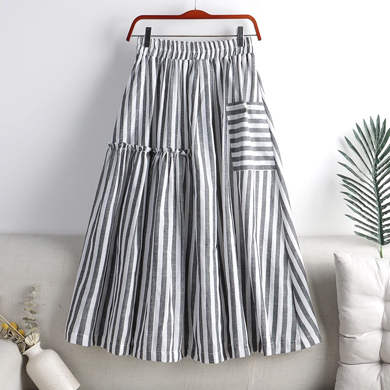 

Women Striped Summer Skirts Elastic High Waist New Cotton Linen Skirt Fashion Party Pleated A-Line Pockret Midi Skirt Chic I215
