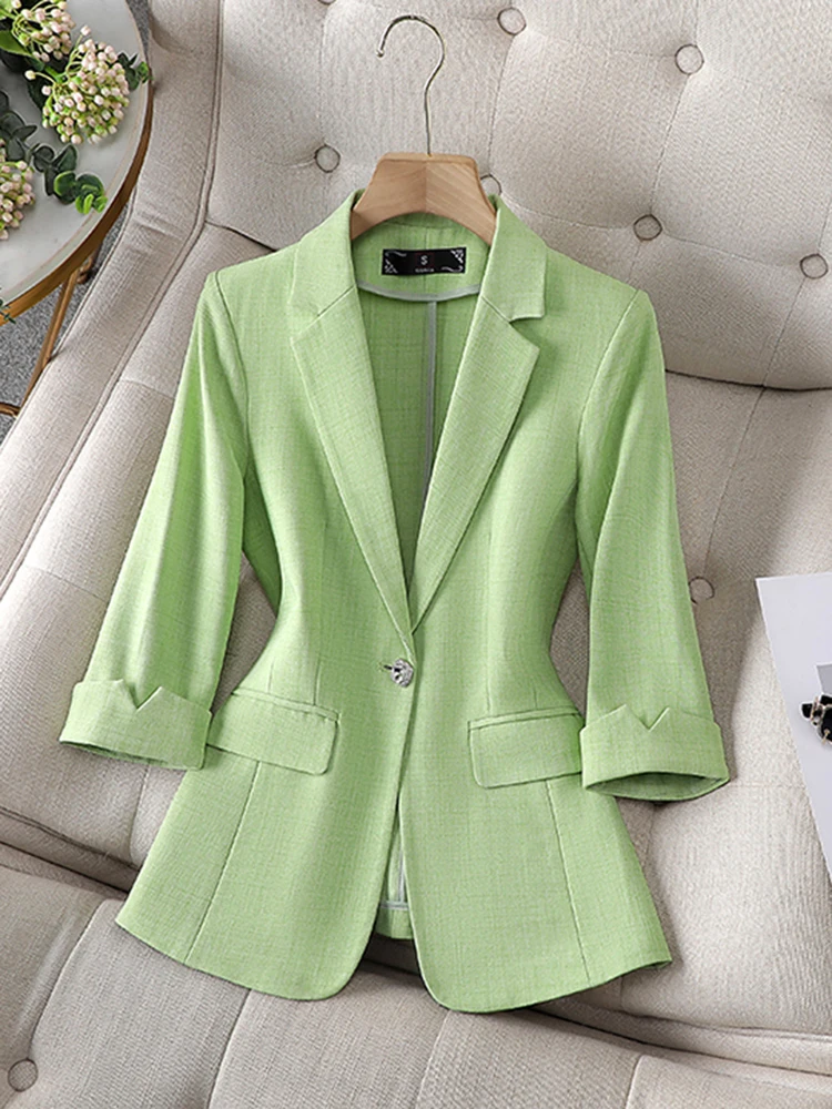Elegant Office Lady Blazer for Women Spring Summer Three Quarter Sleeves Jacket Coat Single Button Plus Size Outerwear Tops
