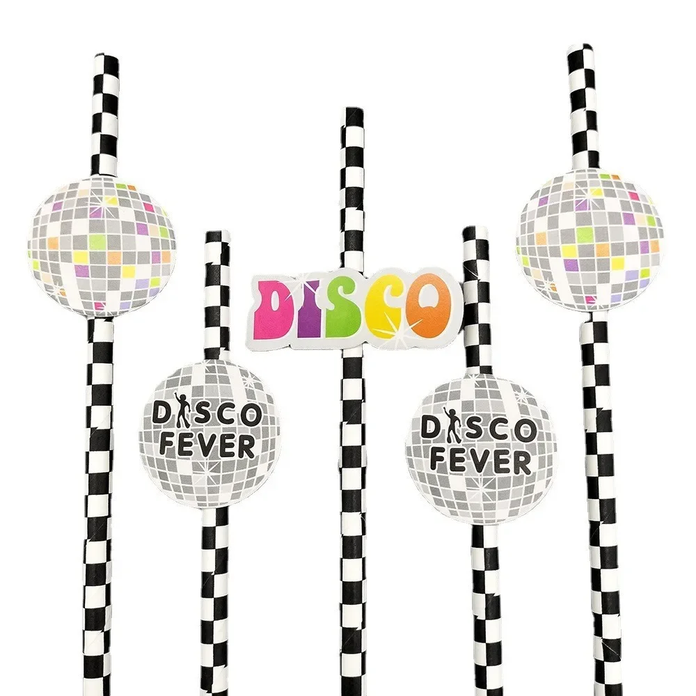 

10pcs DISCO FEVER Card Decors Disposable Paper Straw Happy Disco Party Decor Music Bar Cocktail Party Dessert Cake Decors Straw