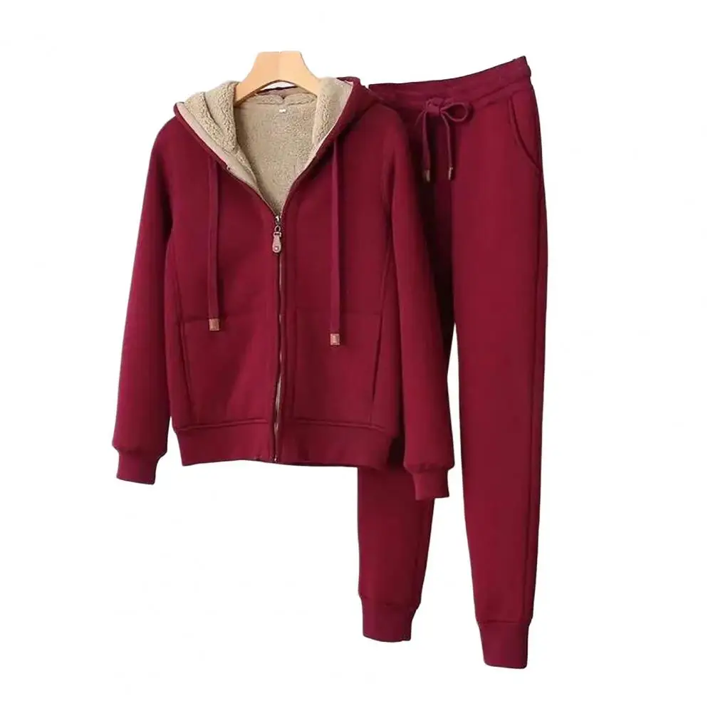 

2Pcs/Set Long Sleeves Zipper Closure Elastic Waist Multi Pockets Women Tracksuit Solid Color Hooded Sweatshirt Jogging Pants Set