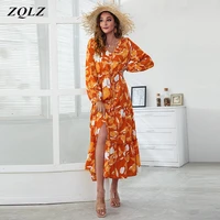 zqlz women long dress spring 2022 new long sleeve buttons split casual beach print flower fashin dressess casual ladies dress