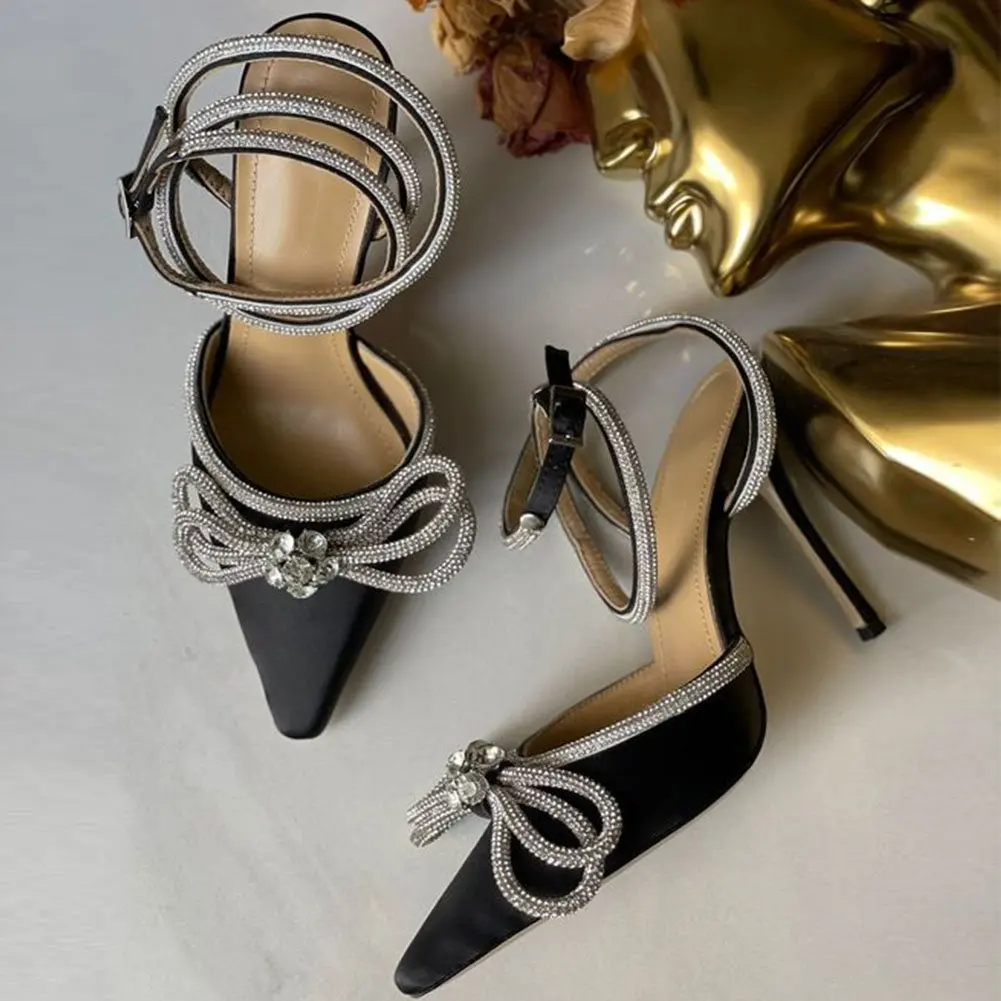 2023 Dropship In Stock Summer Women's Black Double Bow Heels Crystal-Embellished Satin Pumps Shoes Sandal Brand Designer
