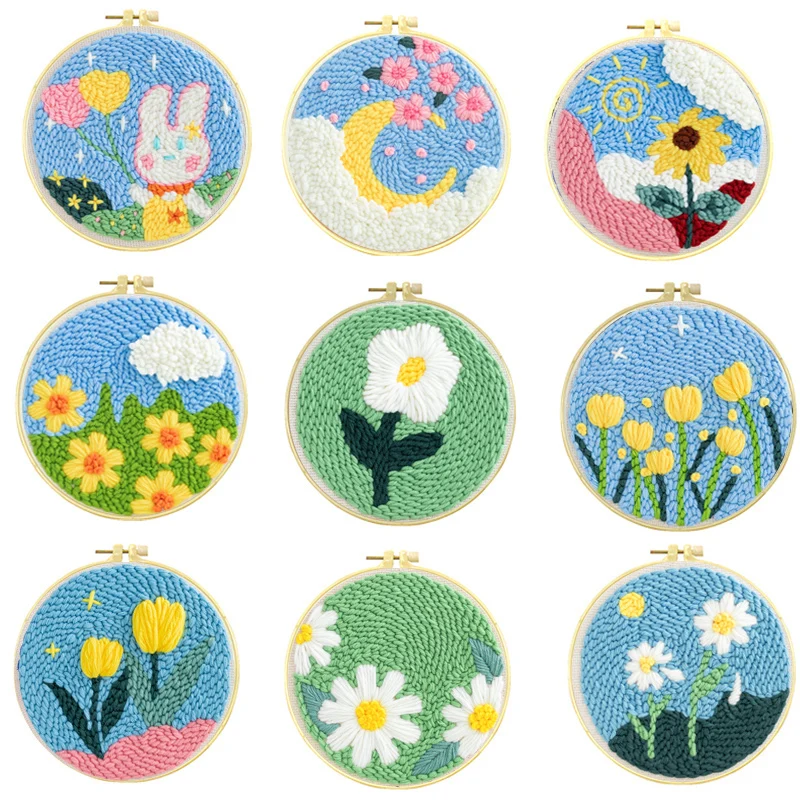 

Flower Plant Coloful DIY Poke Punch Needle Embroidery Fabric Woolen Yarn Rug Punch Kits For Women Kids Beginner Wholesales