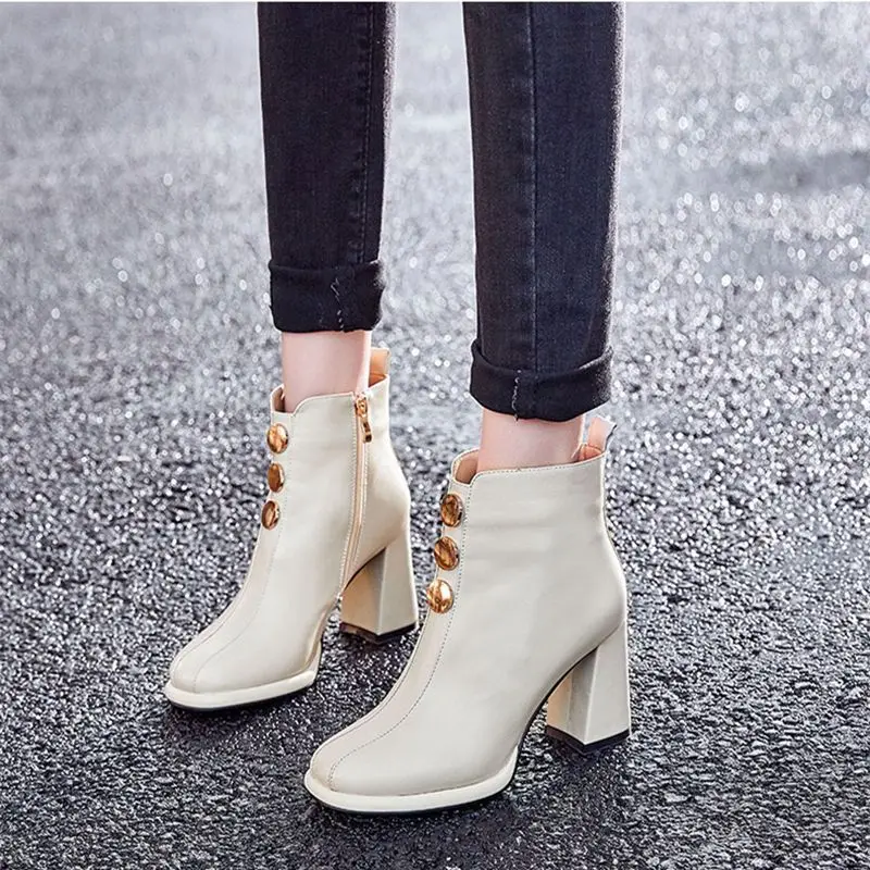 

Platform Women's Ankle Boots Black Work Chunky Booties Very High Heels Leather Footwear White Heeled Short Shoes for Woman Pu 39